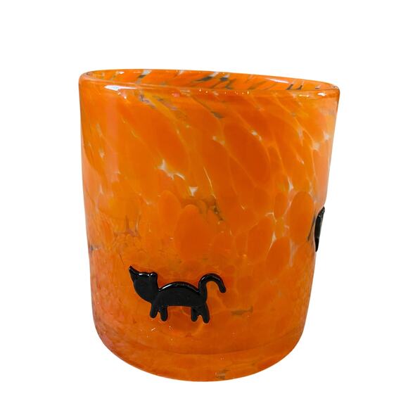 Halloween CAT Inlay Double Old Fashioned Glass Set of 2 Spooky Orange New - Picture 10 of 10